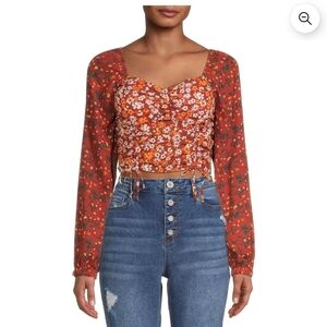 NWT Madden NYC Junior's Shirred Print Peasant Top Size XXL  Red Orange